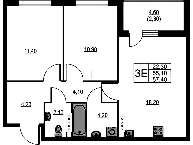 2-комнатная квартира 57.4 м², 3/12 эт., ЖК «А101 Лаголово»